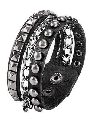 Genuine Leather Layered Punk Cuff – Pyramid Stud & Chain Multi-Strand Bangle